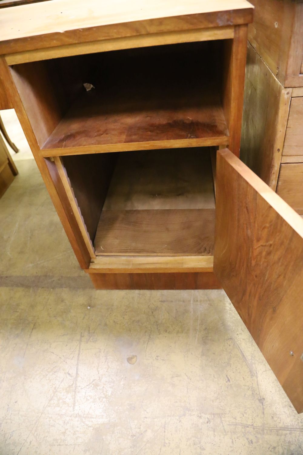 An Art Deco style chrome mounted walnut pedestal desk, W.150cm, D.75cm, H.75cm